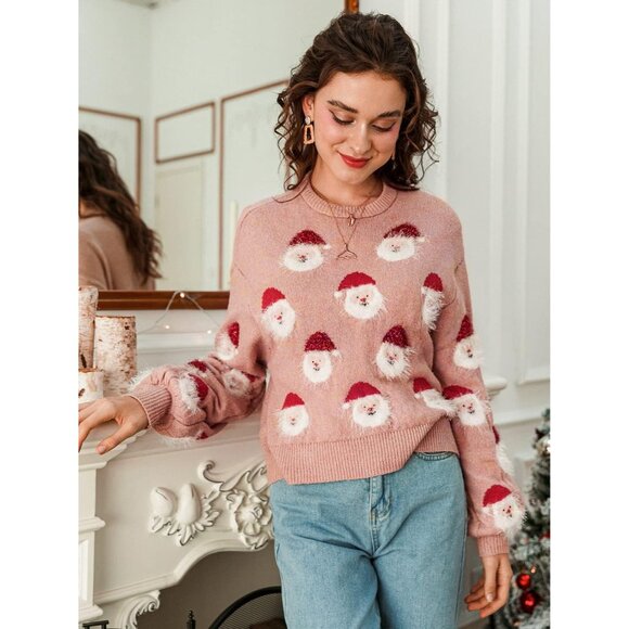 Women's Knitted Christmas Pattern Comfy Crewneck Long Sleeve Pullover Sweater - Picture 2 of 6